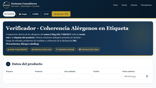 Captura de pantalla de Verificador Etiquetado Alérgenos