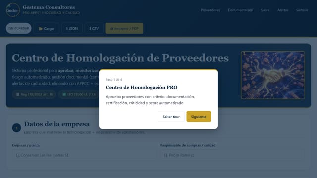 Captura de pantalla de Centro de Homologación de Proveedores