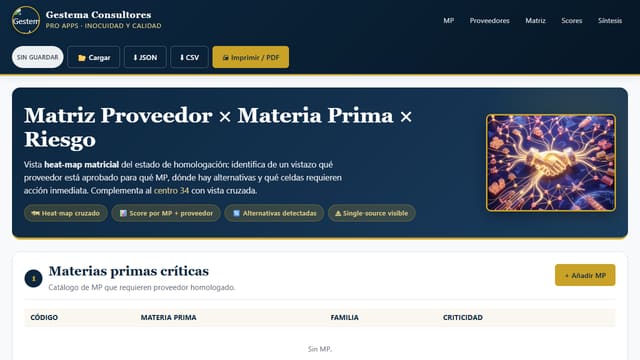 Captura de pantalla de Matriz Proveedor × MP × Riesgo