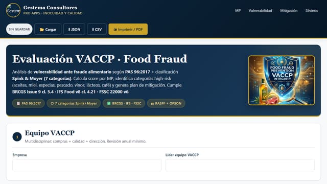 Captura de pantalla de Evaluación VACCP · Food Fraud