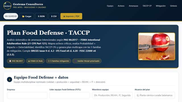 Captura de pantalla de Plan Food Defense · TACCP