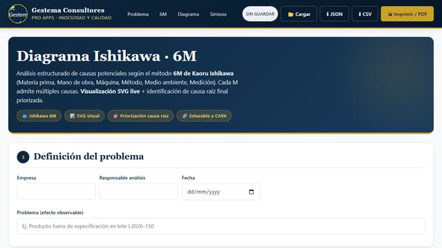 Captura de pantalla de Análisis Causa Raíz · Ishikawa 6M