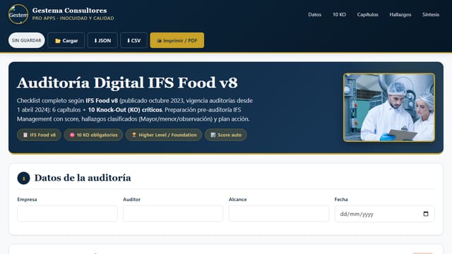 Captura de pantalla de Auditoría Digital IFS Food v8