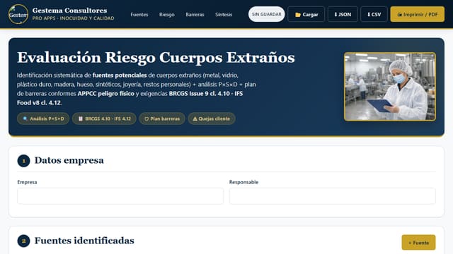 Captura de pantalla de Evaluación Riesgo Cuerpos Extraños