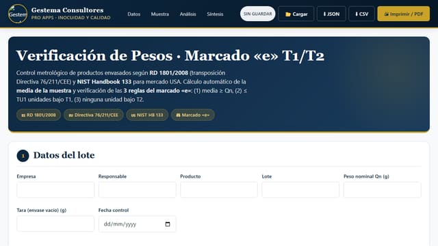 Captura de pantalla de Verificación Pesos T1/T2 · Marcado «e»