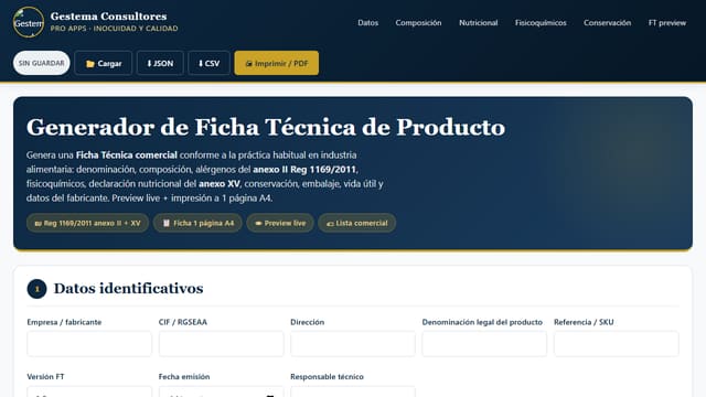 Captura de pantalla de Generador Ficha Técnica de Producto