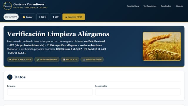 Captura de pantalla de Verificación Limpieza Alérgenos